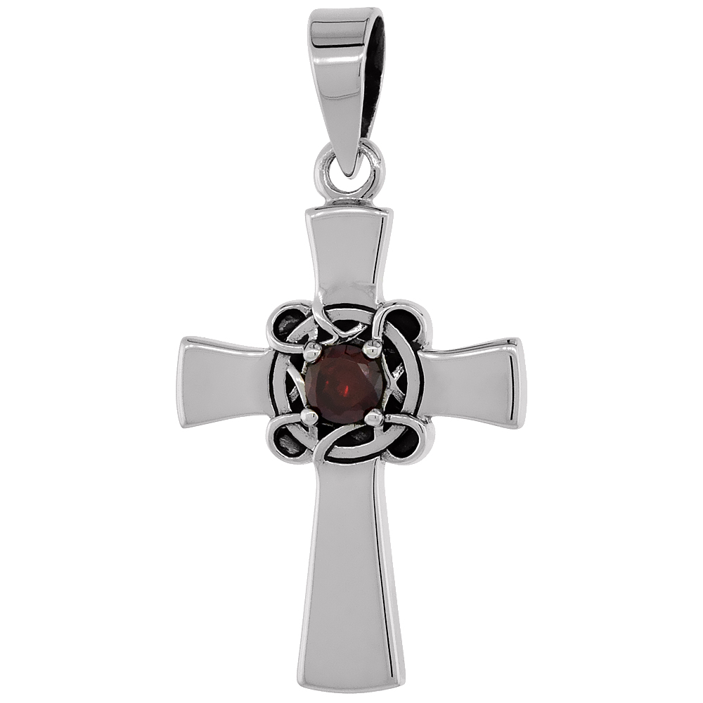 Sterling Silver Celtic Cross Necklace Plain Red CZ, 1 1/8 inch tall