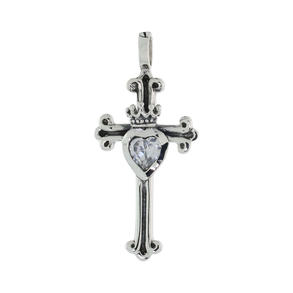 Sterling Silver Claddagh Cross Necklace w/ Clear CZ, 1 1/4 inch tall