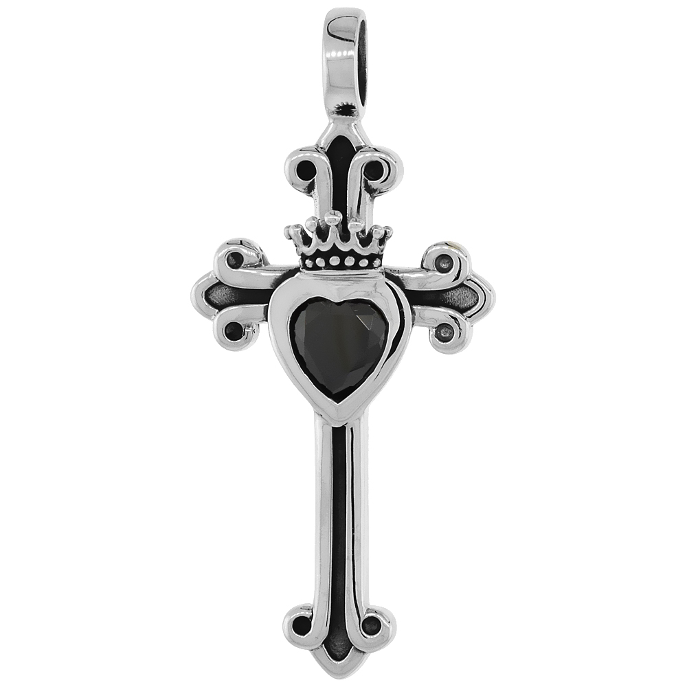 Sterling Silver Claddagh Cross Necklace w/ Black CZ, 1 1/4 inch tall
