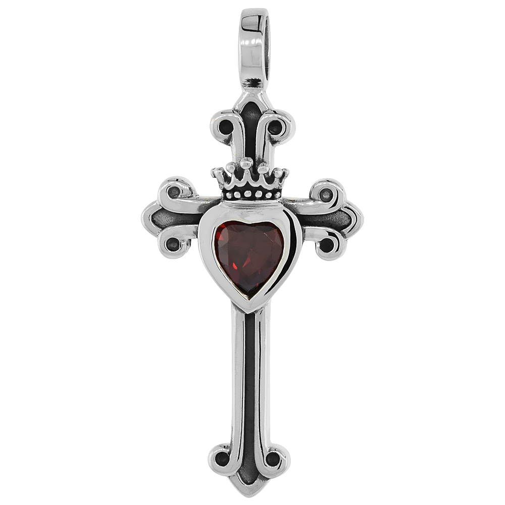 Sterling Silver Claddagh Cross Necklace w/ Clear CZ, 1 1/4 inch tall