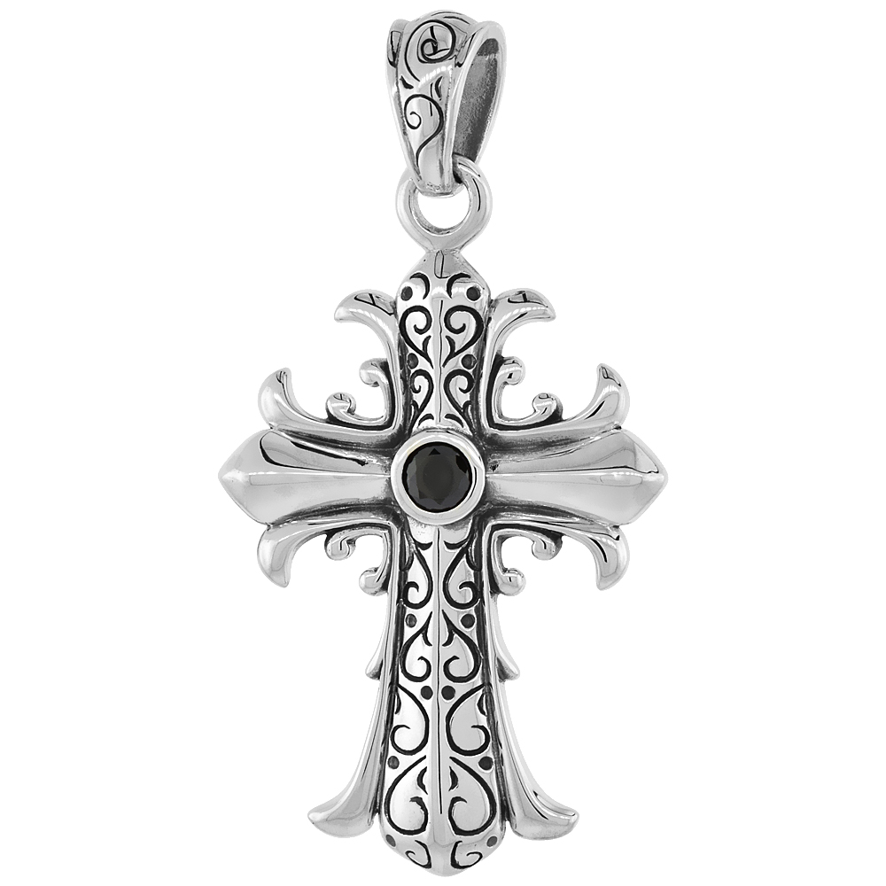 Sterling Silver Fleur De Lis Cross Necklace Black CZ, 1 5/8 inch tall