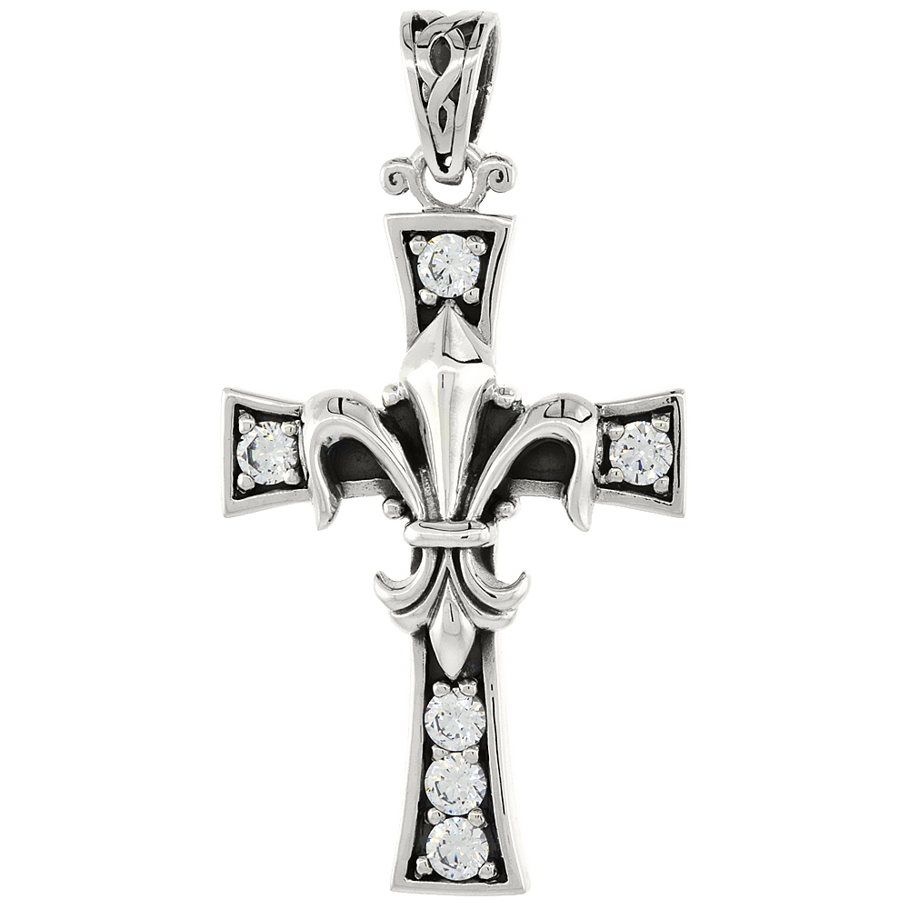 Sterling Silver Fleur De Lis Cross Necklace w/ Clear CZ Stones, 1 1/2 inch tall