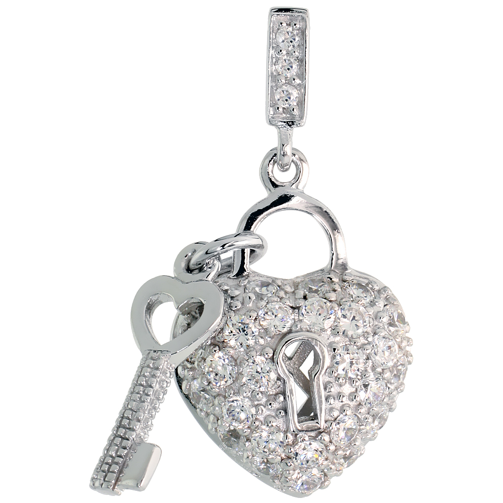 Sterling Silver Heart Shape Lock & Key Pendant w/ Pave CZ Stones, 1 3/16" (30 mm) tall