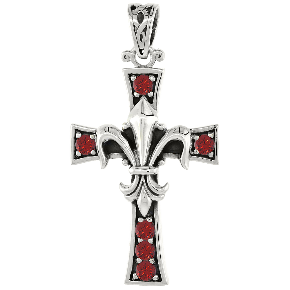 Sterling Silver Fleur De Lis Cross Necklace w/ Red CZ Stones, 1 1/2 inch tall
