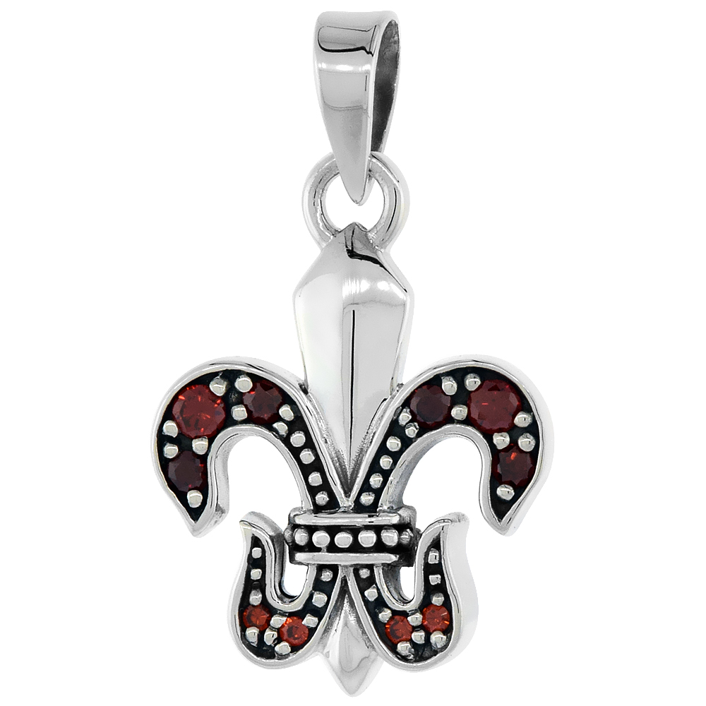 Sterling Silver Fleur De Lis Necklace w/ Red CZ Stones, 1 inch tall
