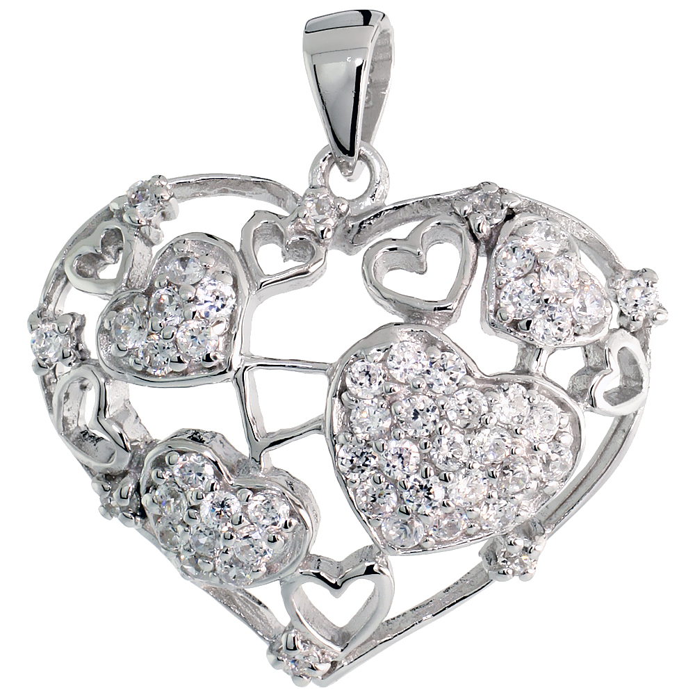 Sterling Silver Hearts Pendant w/ Pave CZ Stones, 7/8" (23 mm) tall