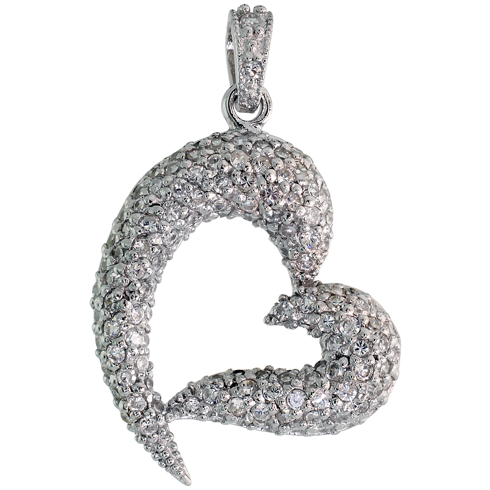 Sterling Silver Fancy Heart Pendant w/ Pave CZ Stones, 1 7/16&quot; (36 mm) tall
