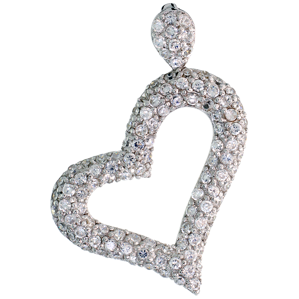 Sterling Silver Fancy Heart Pendant w/ Pave CZ Stones, 1 9/16&quot; (40 mm) tall