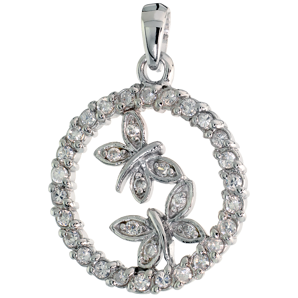 Sterling Silver Double Butterfly Pendant w/ Pave CZ Stones, 1&quot; (25 mm) tall