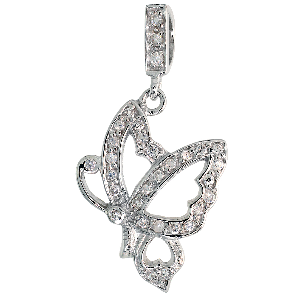 Sterling Silver Butterfly Pendant w/ Pave CZ Stones, 1 7/16&quot; (37 mm) tall
