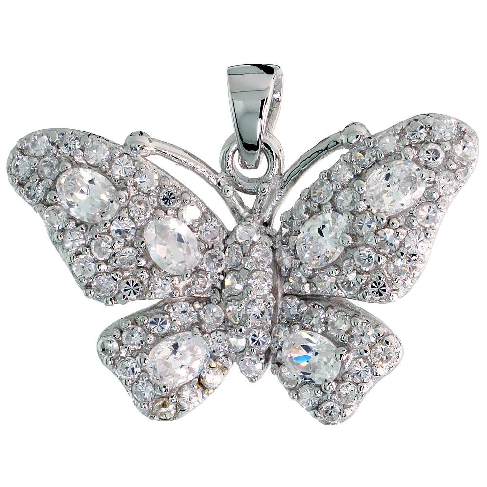 Sterling Silver Butterfly Pendant w/ Pave CZ Stones, 3/4" (19 mm) tall