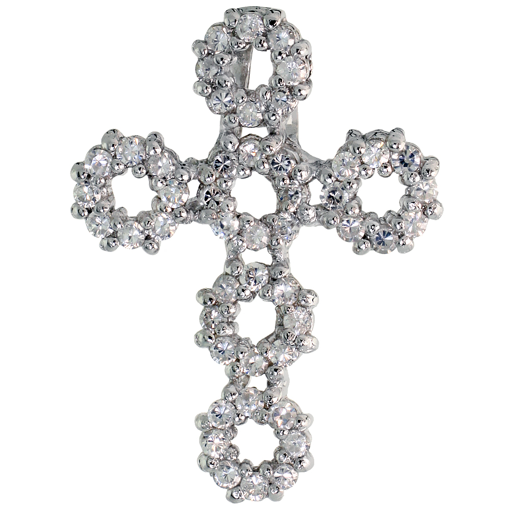 Sterling Silver Circles Cross Slider Pendant w/ Pave CZ Stones, 1" (26 mm) tall