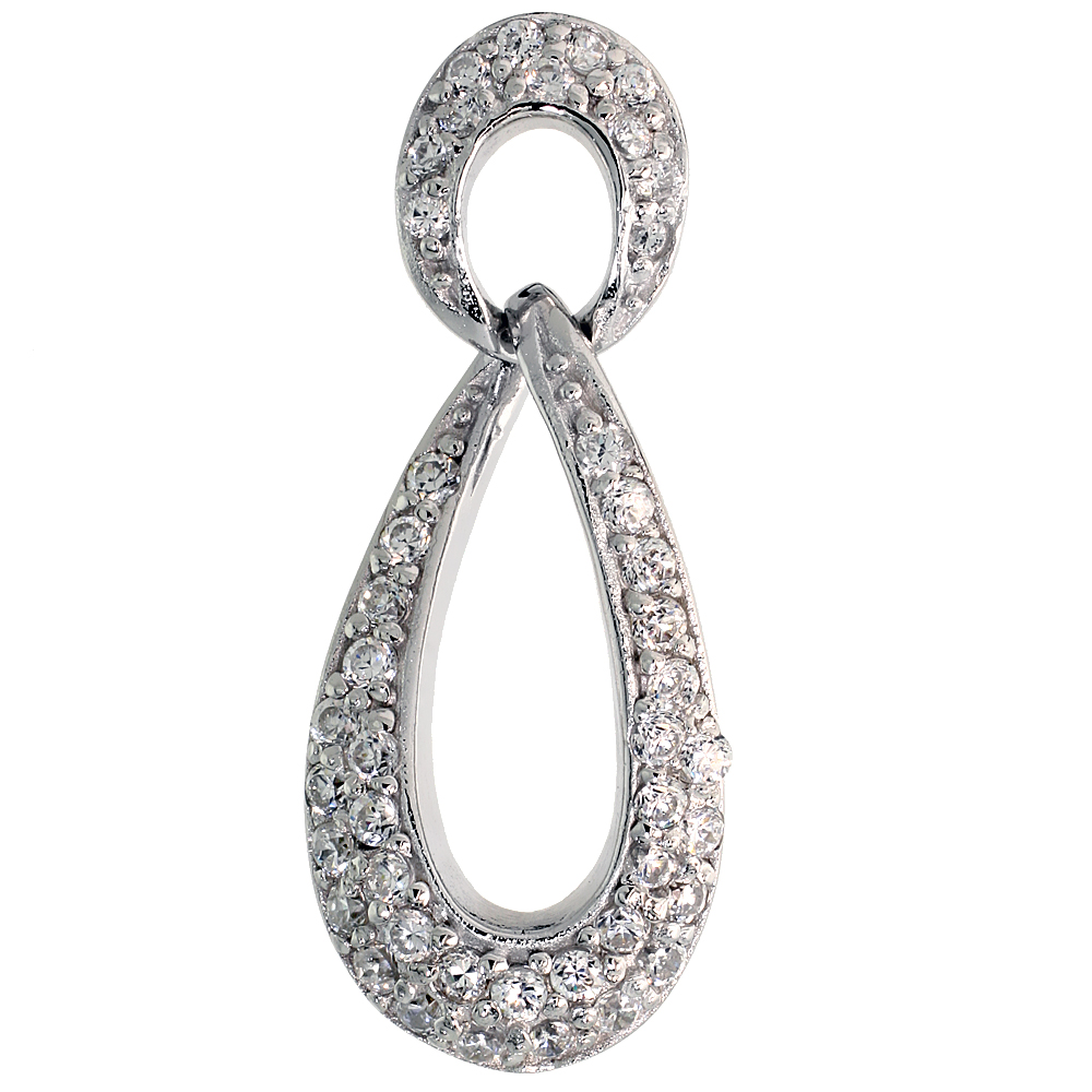 Sterling Silver Tear Drop Pendant w/ Pave CZ Stones, 1 1/4" (31 mm) tall