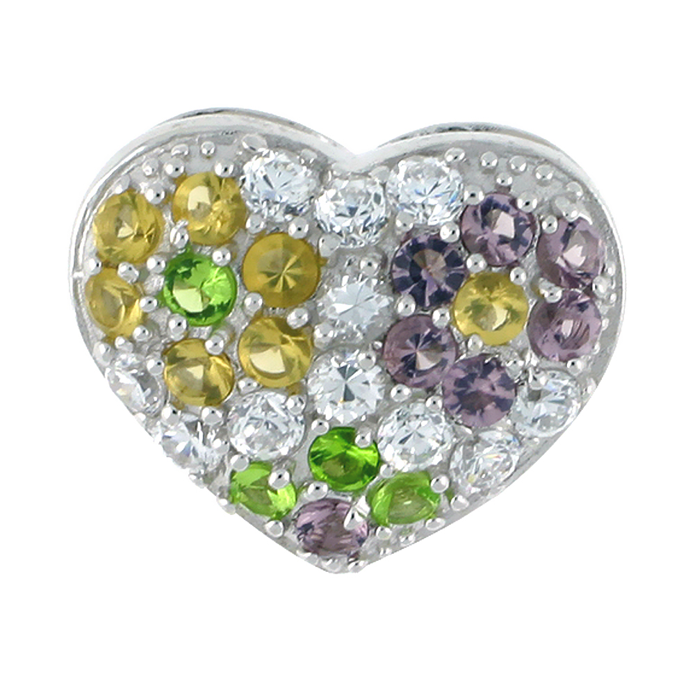 Sterling Silver Heart Pendant, w/ Brilliant Cut Clear, Amethyst-colored, Peridot-colored &amp; Yellow Topaz-colored CZ Stones, 9/16&quot;