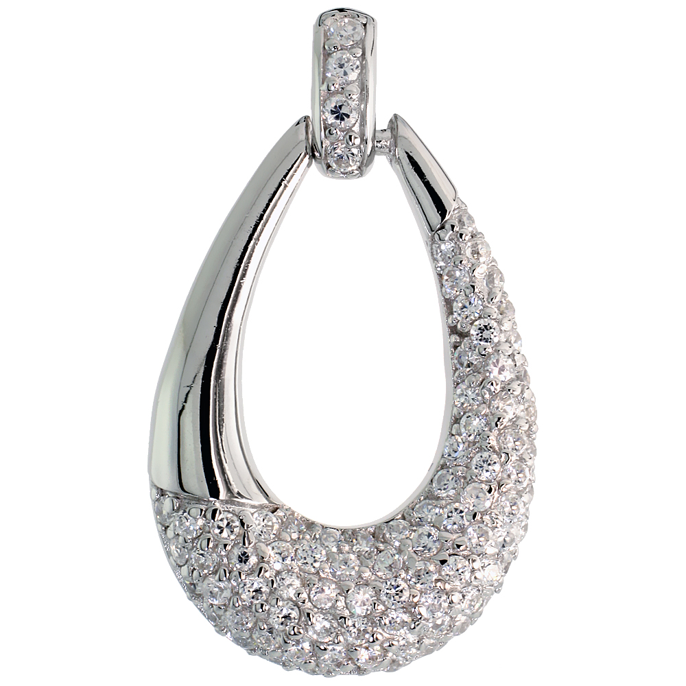 Sterling Silver Tear Drop Pendant w/ Pave CZ Stones, 1 1/4" (32 mm) tall