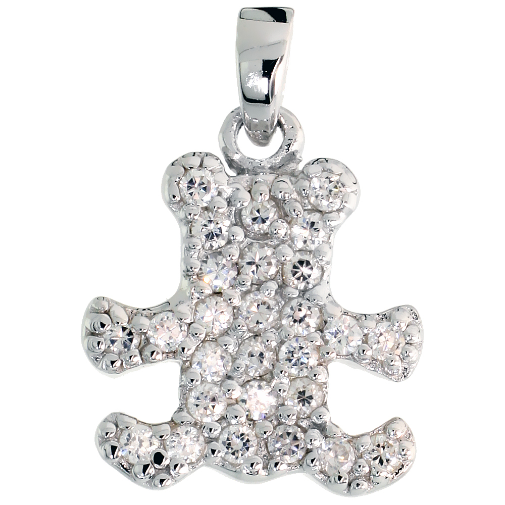 Sterling Silver Small Teddy Bear Pendant w/ Pave CZ Stones, 9/16" (15 mm) tall