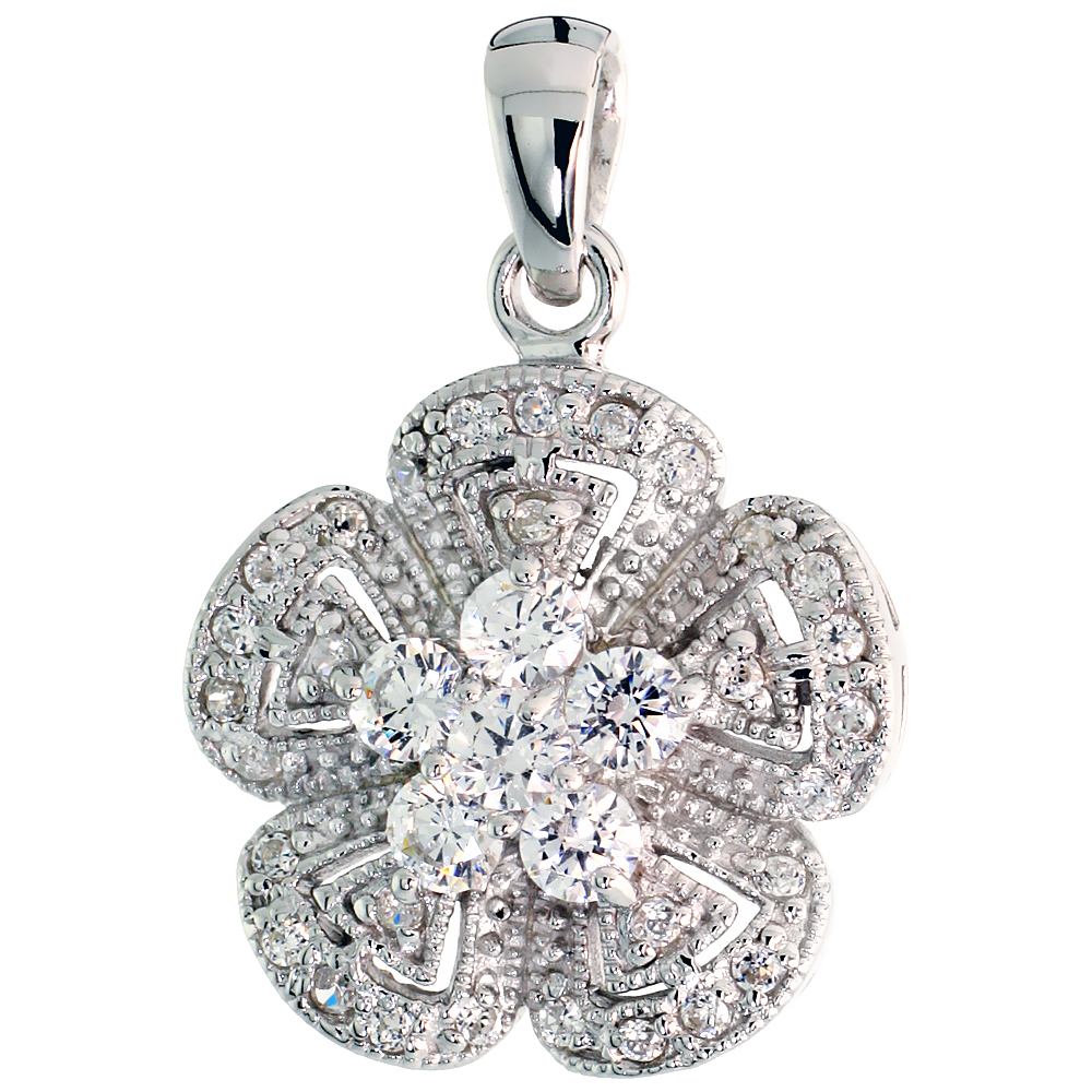 Sterling Silver Flower Pendant w/ Pave CZ Stones, 13/16&quot; (21 mm) tall