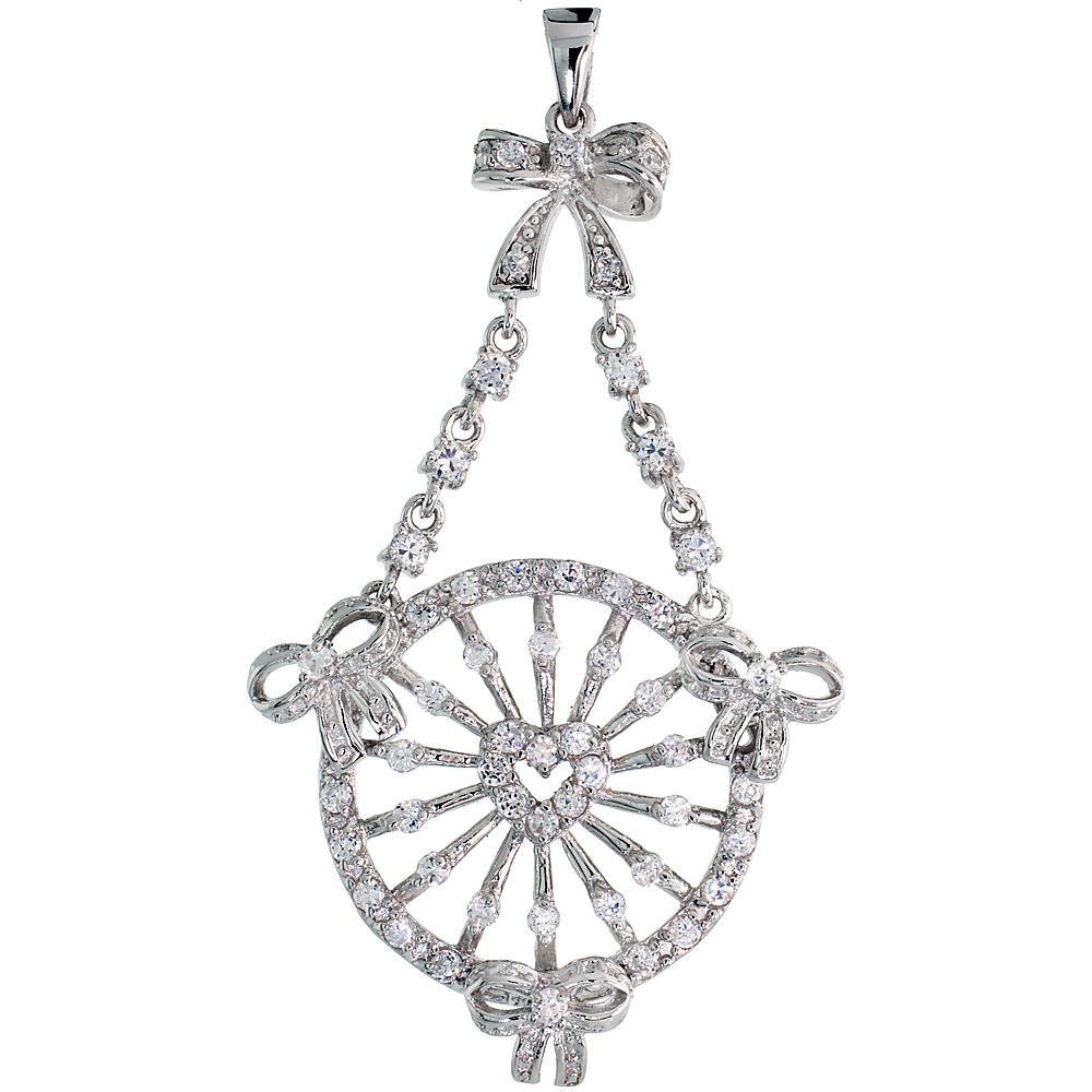 Sterling Silver Wreath Pendant w/ Heart &amp; Bow Ribbons &amp; Pave CZ Stones, 2 1/4&quot; (57 mm) tall