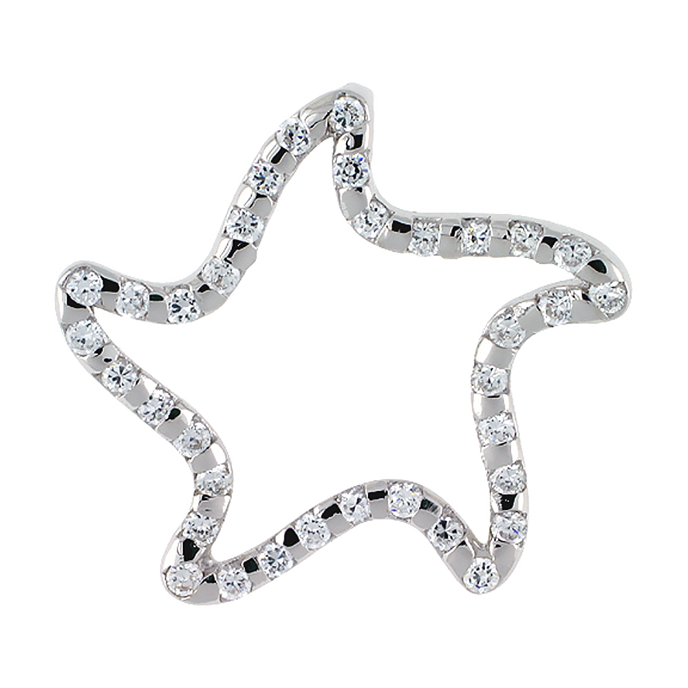 Sterling Silver Star Cut Out Pendant, w/ Brilliant Cut CZ Stones, 1 1/4&quot; (32 mm) tall, w/ 18&quot; Thin Snake Chain