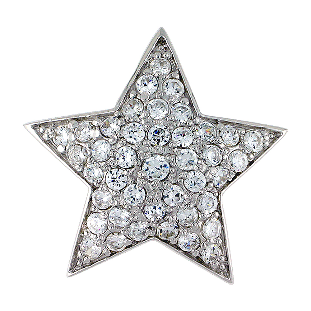 Sterling Silver Solid Star Pendant, w/ Brilliant Cut CZ Stones, 15/16&quot; (24 mm) tall, w/ 18&quot; Thin Snake Chain