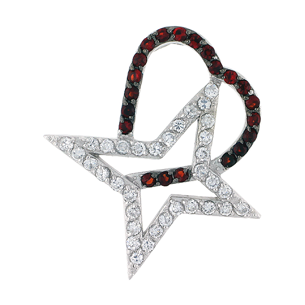 Sterling Silver Freeform "Heart & Star Cut Outs" Pendant, w/ Brilliant Cut Clear & Ruby-colored CZ Stones, 1 1/4" (31 mm) tall, 
