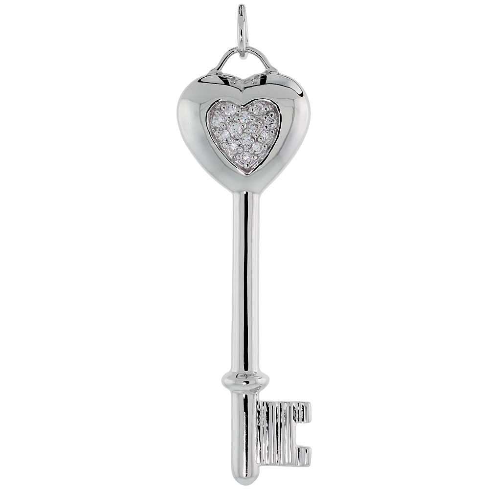 Sterling Silver Jeweled Key-To-My-Heart CZ Pendant, 2 3/16&quot; (55 mm) tall