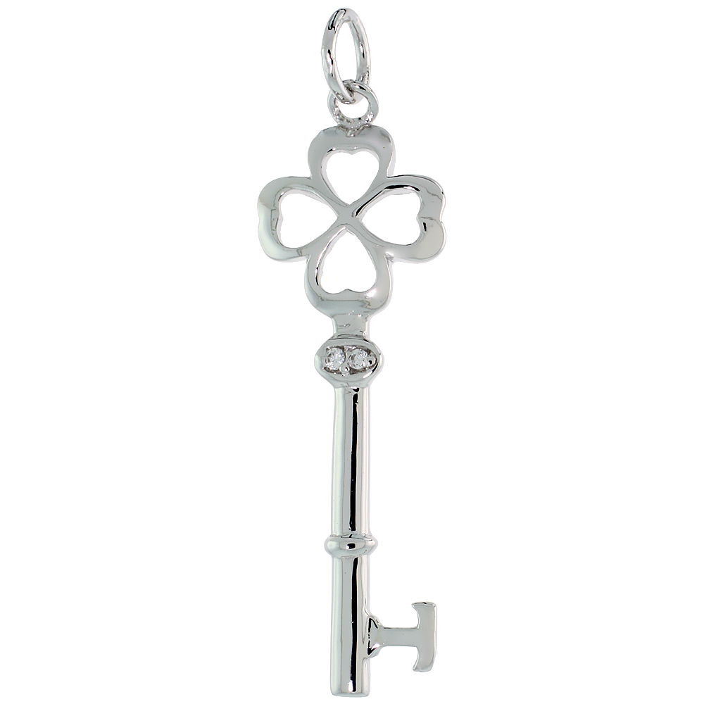 Sterling Silver Jeweled Shamrock Key Pendant w/ CZ Stones, 1 5/8" (42 mm) tall