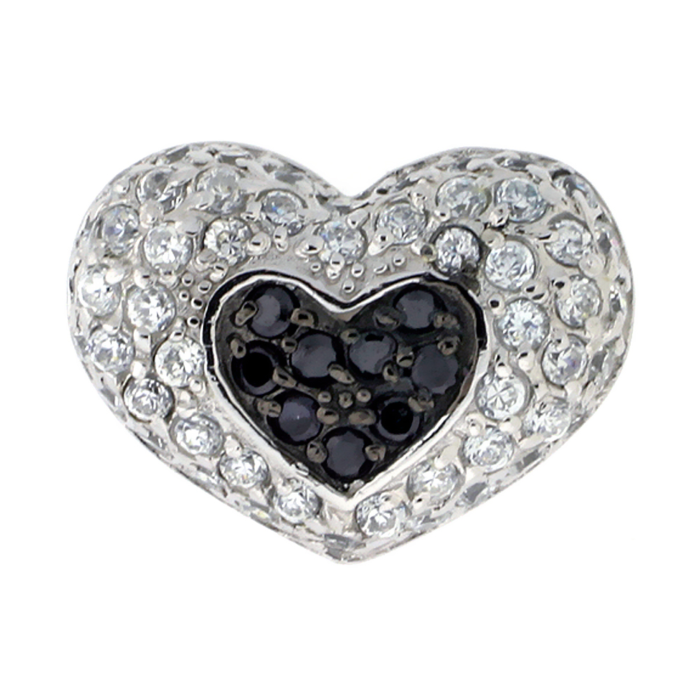 Sterling Silver Heart Pendant, w/ Brilliant Cut Clear &amp; Black CZ Stones, 9/16&quot; (14 mm) tall, w/ 18&quot; Thin Snake Chain