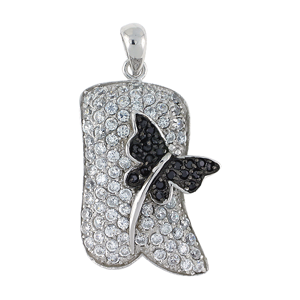 Sterling Silver Dragonfly Pendant, w/ Brilliant Cut Clear & Black CZ Stones, 1 1/4"" (31 mm) tall, w/ 18" Thin Snake Chain