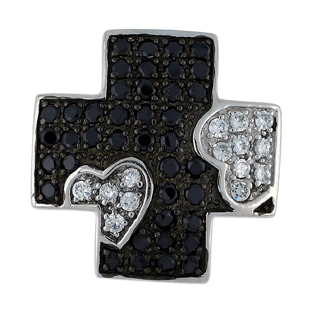 Sterling Silver Greek Cross Pendant w/ Heart Design, w/ Brilliant Cut Clear &amp; Black CZ Stones, 1 1/16&quot; (27 mm) tall, w/ 18&quot; Thin