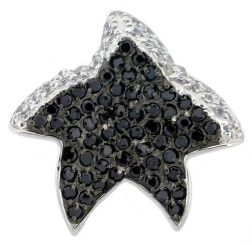 Sterling Silver Starfish Pendant, w/ Brilliant Cut Clear &amp; Black CZ Stones, 15/16&quot; (24 mm) tall, w/ 18&quot; Thin Snake Chain