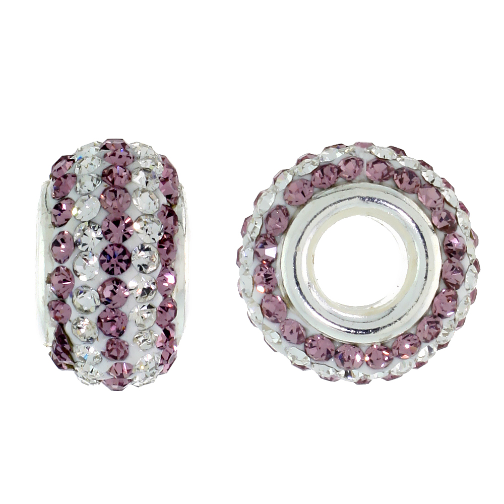 Sterling Silver Crystal Charm Bead White & Lavender Color Charm Bracelet Compatible, 13 mm