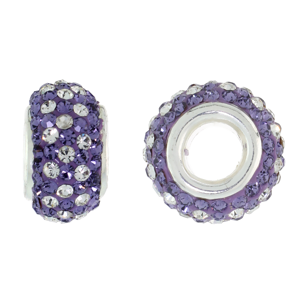 Sterling Silver Crystal Charm Bead White & Violet Color Charm Bracelet Compatible, 13 mm