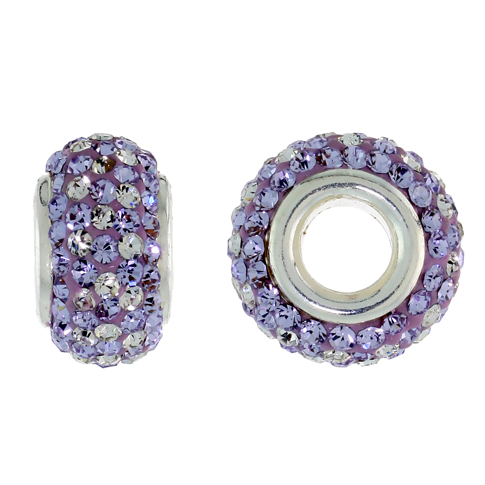 Sterling Silver Crystal Charm Bead White & Light Violet Color Charm Bracelet Compatible, 13 mm