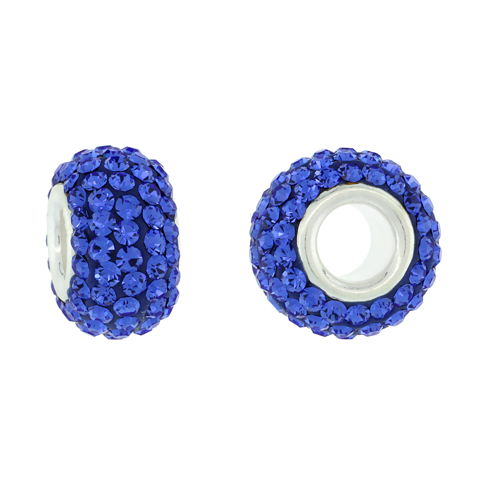 Sterling Silver Crystal Charm Bead Cobalt Color Charm Bracelet Compatible, 13 mm
