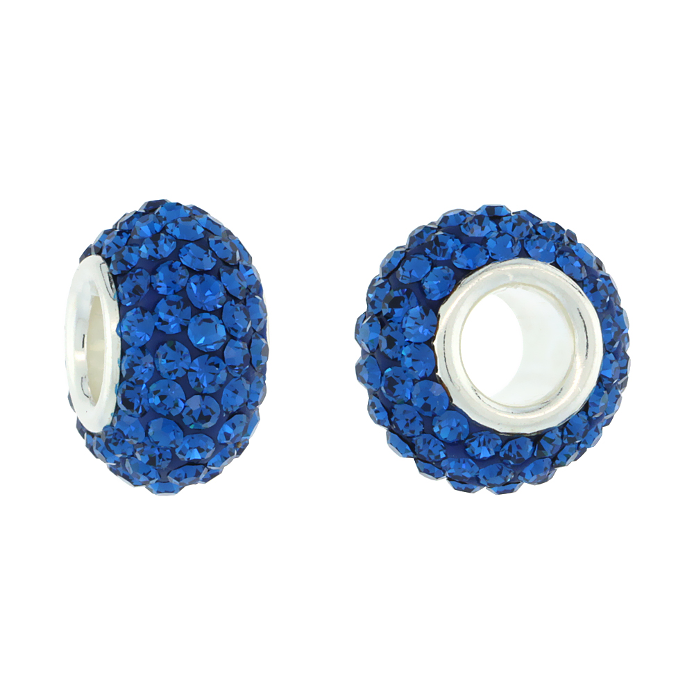Sterling Silver Crystal Charm Bead Capri Blue Color Charm Bracelet Compatible, 13 mm