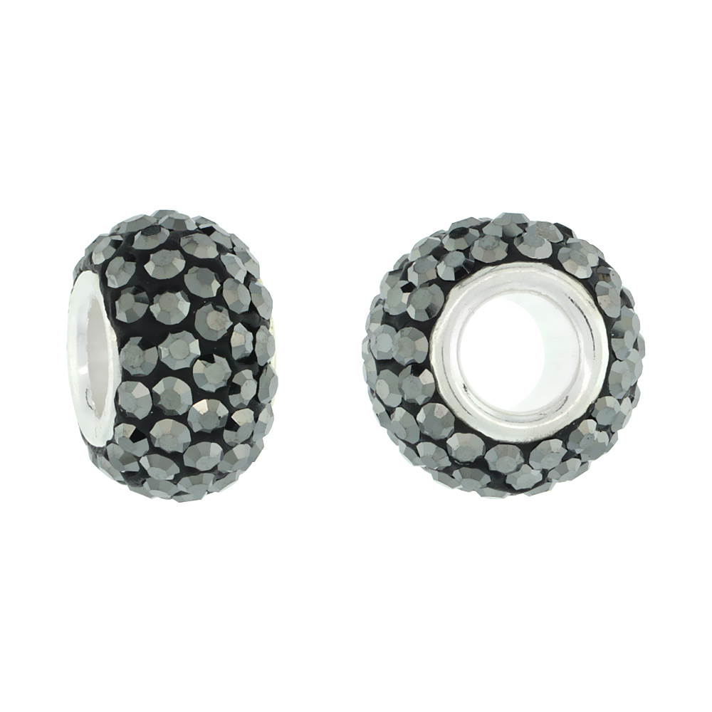 Sterling Silver Crystal Charm Bead Black Color Charm Bracelet Compatible, 13 mm
