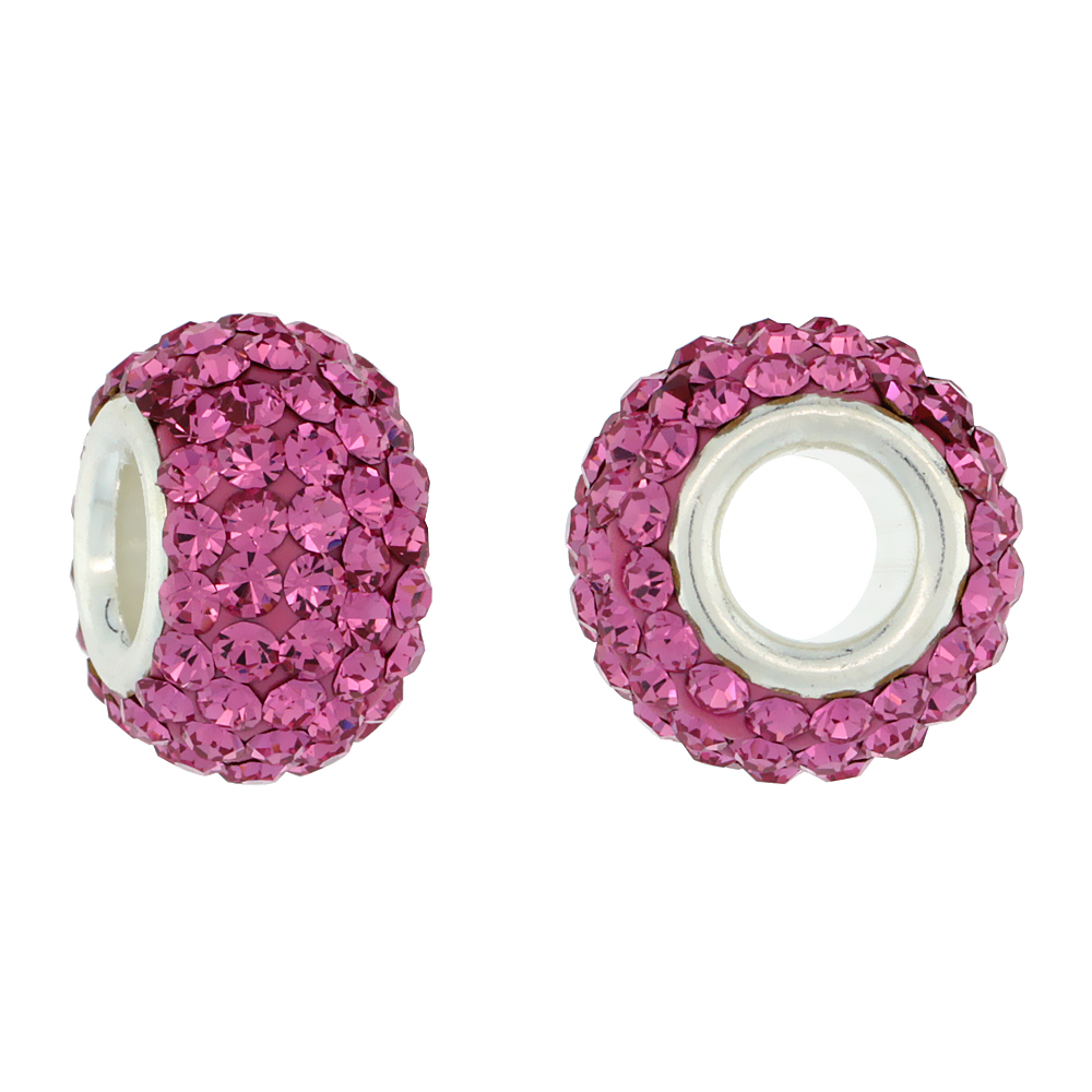 Sterling Silver Crystal Charm Bead Pink Topaz Color Charm Bracelet Compatible, 13 mm