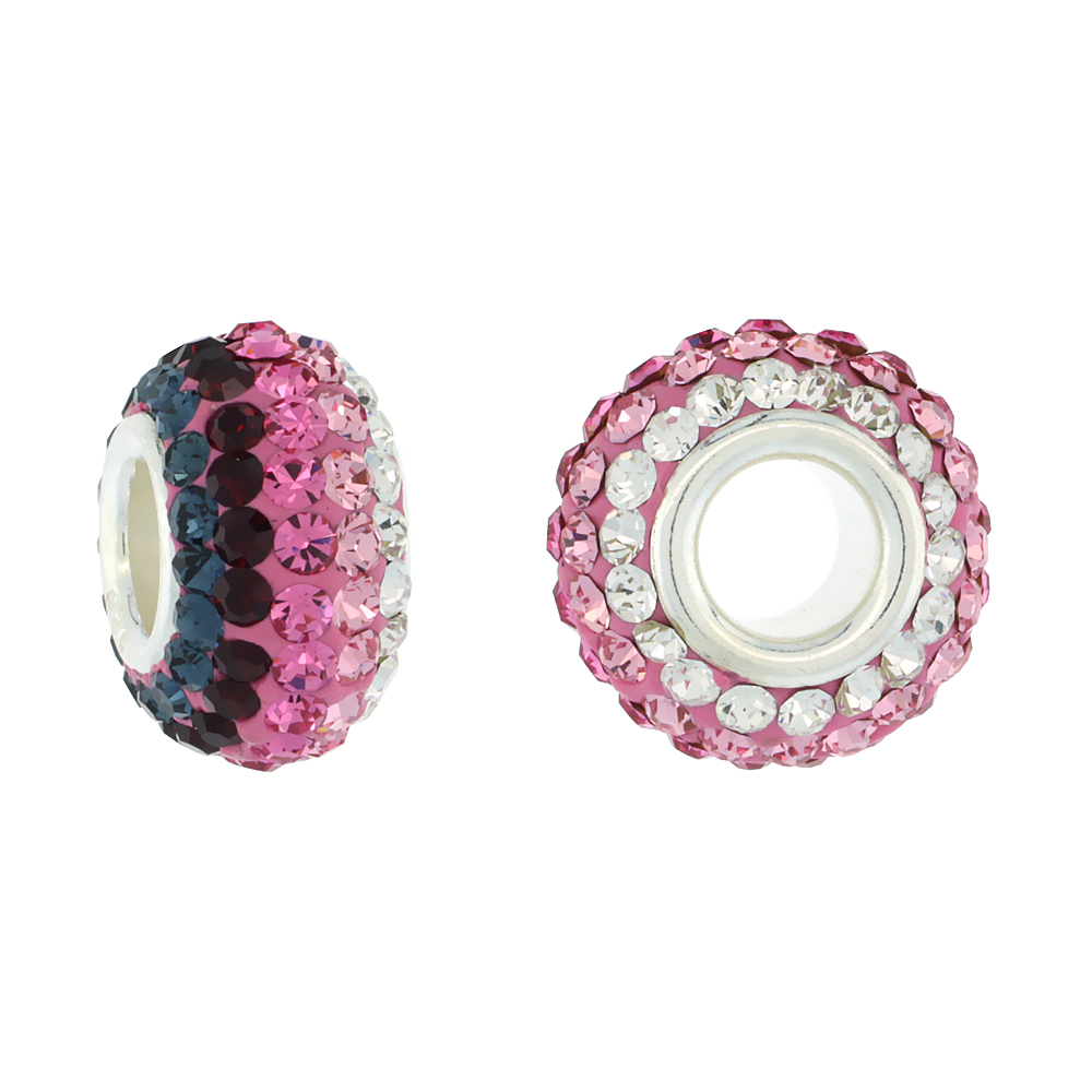 Sterling Silver Crystal Charm Bead White, Rose, Light Pink, Red &amp; Capri Blue Multi-Color Charm Bracelet Compatible, 13 mm