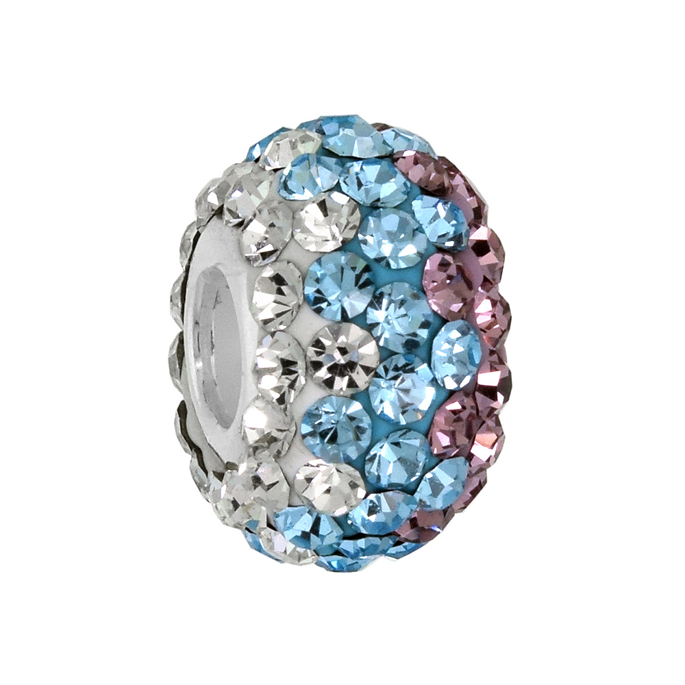 Sterling Silver Crystal Charm Bead White, Aquamarine &amp; Lavender Color Charm Bracelet Compatible, 13 mm