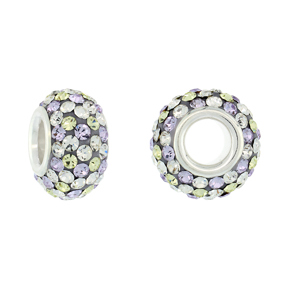 Sterling Silver Crystal Charm Bead White &amp; Lime Polka dot Color Charm Bracelet Compatible, 13 mm