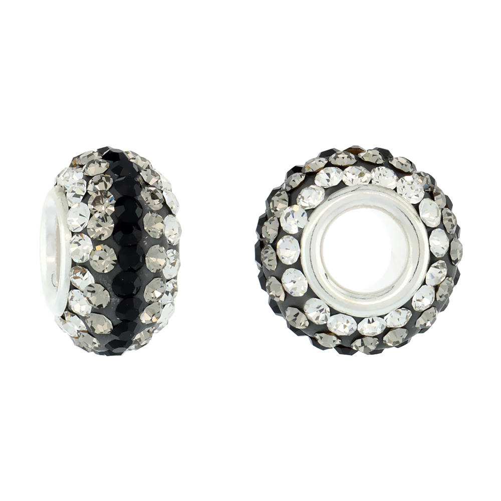 Sterling Silver Crystal Charm Bead White, Smoky Quartz, Black Line Color Charm Bracelet Compatible, 13 mm