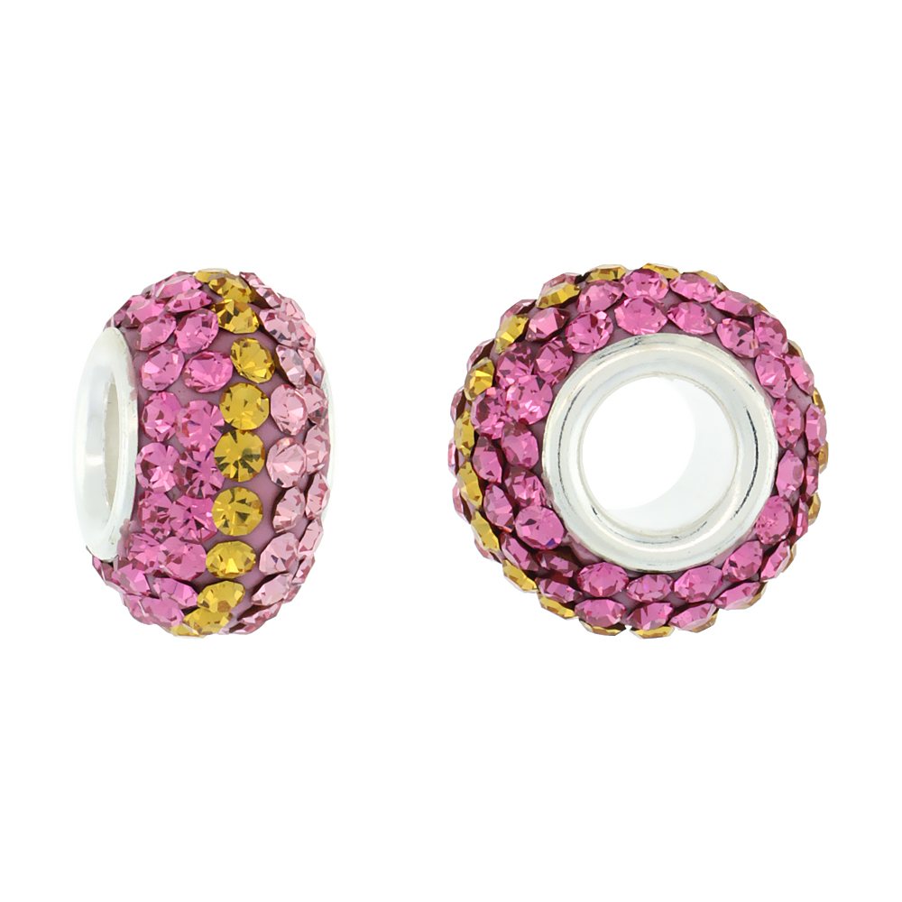 Sterling Silver Crystal Charm Bead Rose, Citrine & Pink Topaz Color Charm Bracelet Compatible, 13 mm