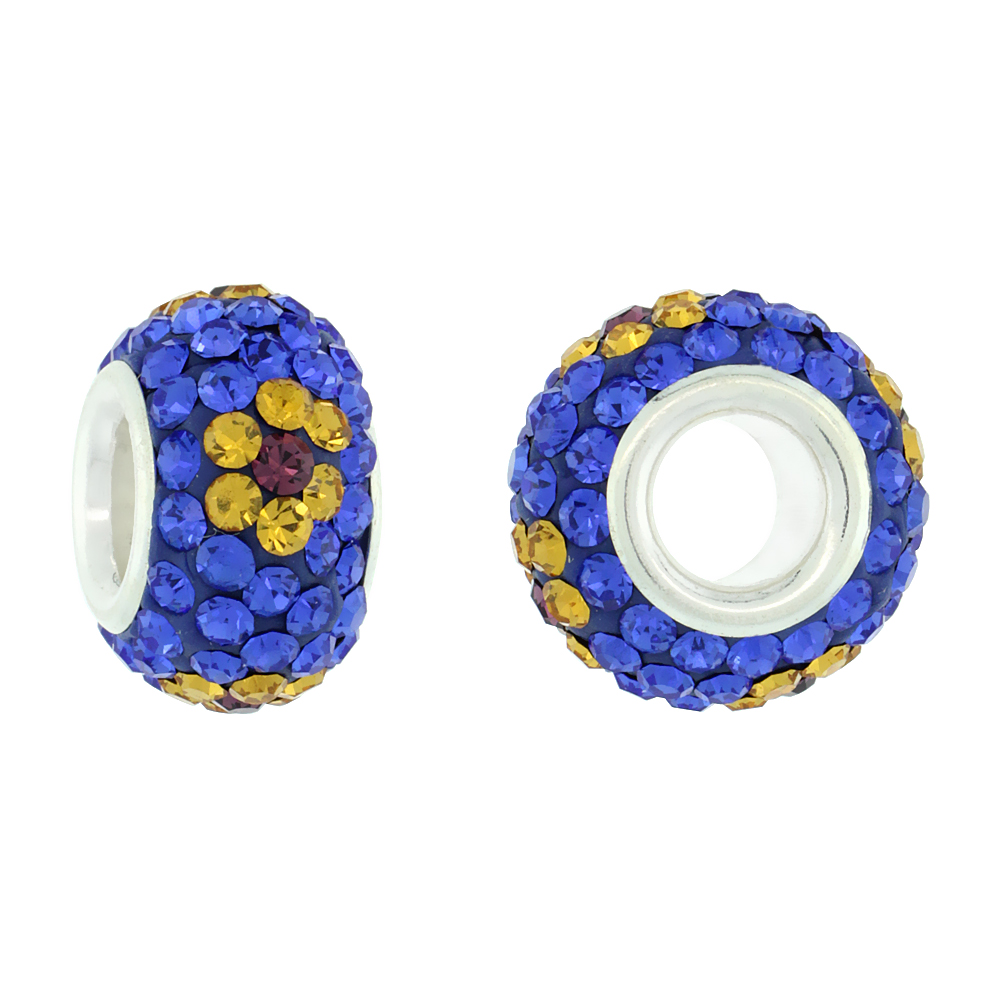 Sterling Silver Crystal Charm Bead Cobalt, Citrine &amp; Fuchsia Flower Color Charm Bracelet Compatible, 13 mm