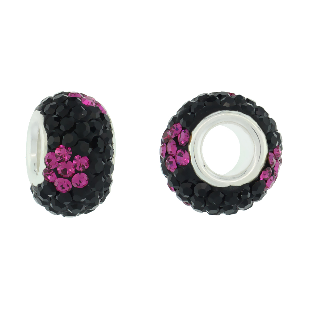Sterling Silver Crystal Charm Bead Black, Fuchsia Flower Color Charm Bracelet Compatible, 13 mm