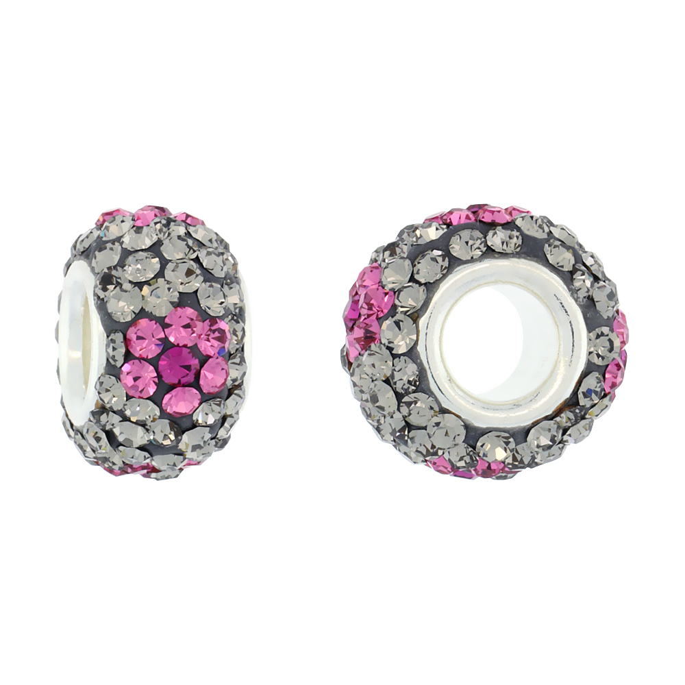 Sterling Silver Crystal Charm Bead Smoky Quartz, Pink Topaz &amp; Fuchsia Flower Color Charm Bracelet Compatible, 13 mm