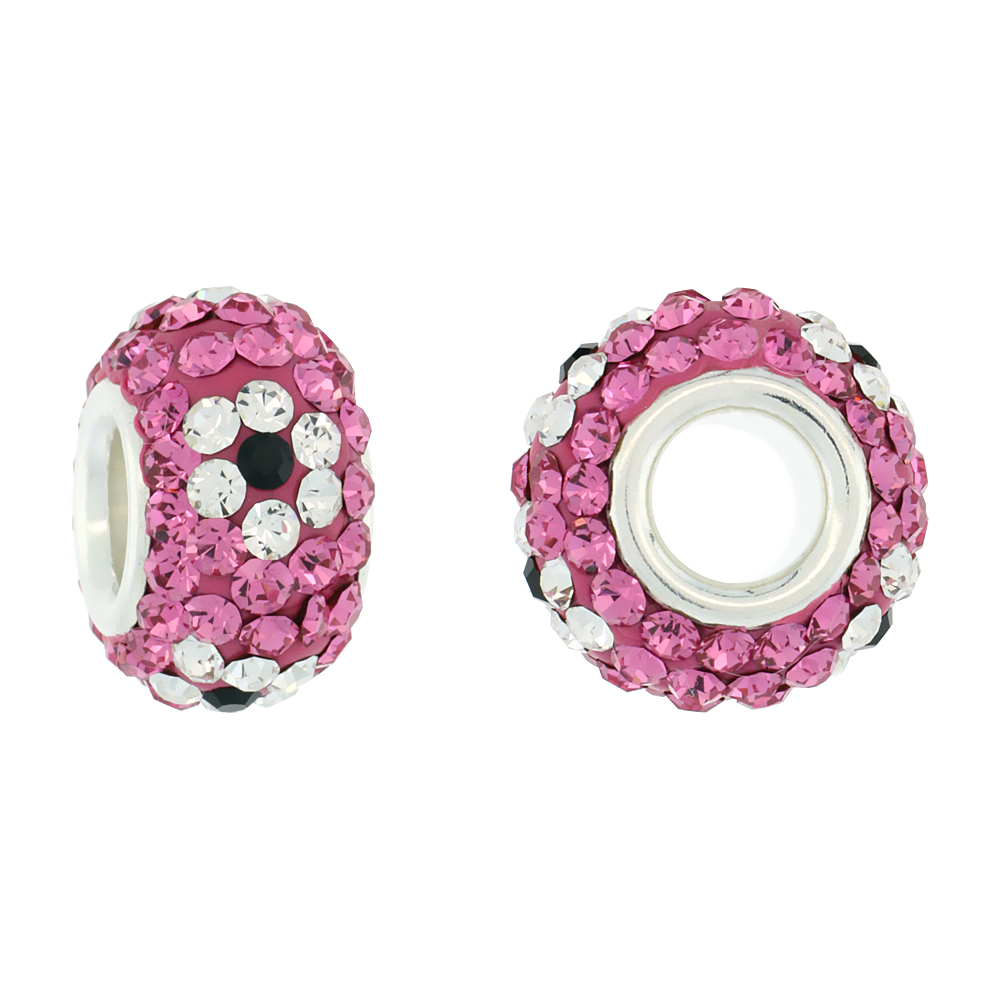Sterling Silver Crystal Charm Bead Pink Topaz, Black & White Flower Color Charm Bracelet Compatible, 13 mm