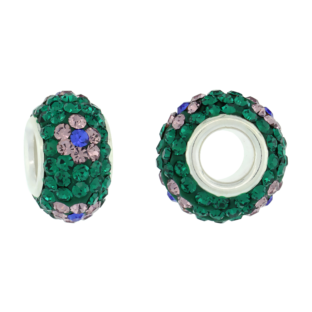 Sterling Silver Crystal Charm Bead Emerald, Indian Pink &amp; Cobalt Flower Color Charm Bracelet Compatible, 13 mm