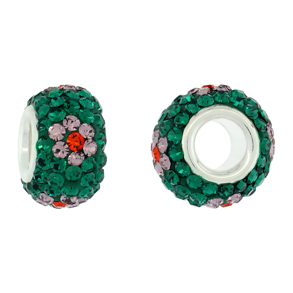 Sterling Silver Crystal Charm Bead Emerald, Indian Pink & Hyacinth Orange Flower Color Charm Bracelet Compatible, 13 mm