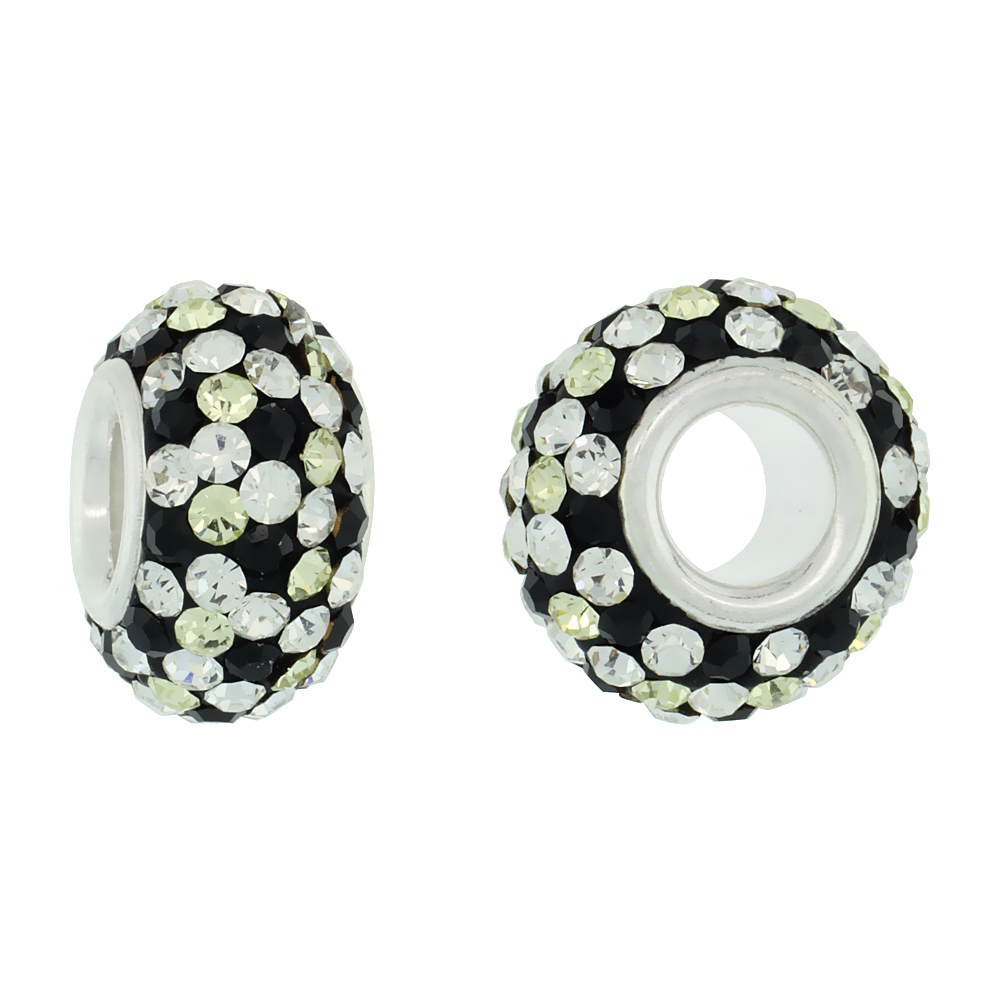Sterling Silver Crystal Charm Bead White, Black &amp; Lime Polka dot Color Charm Bracelet Compatible, 13 mm